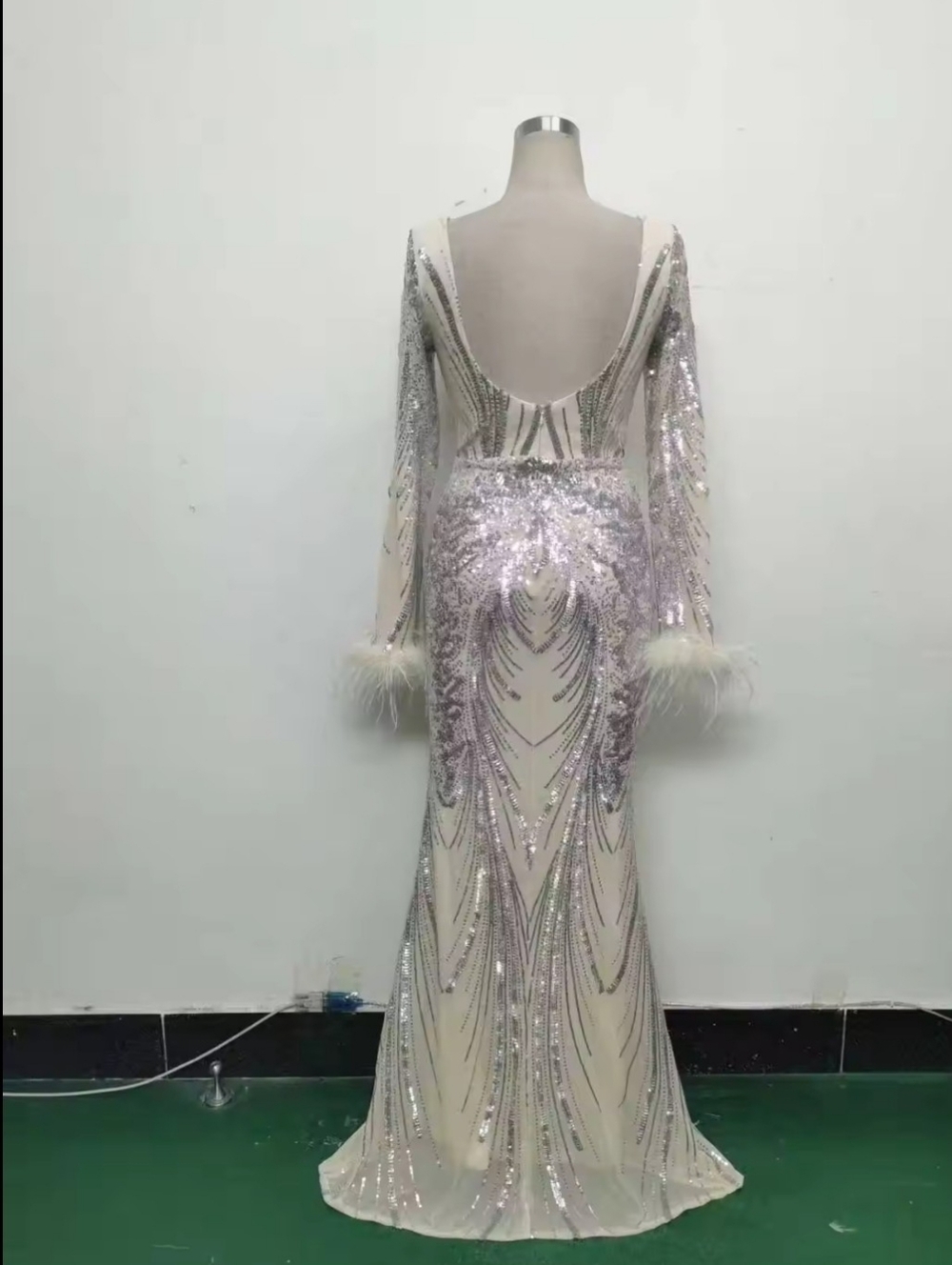 Sequin Silver & Cream Long-Sleeve Evening Gown With Ostrich Feathers - Picture 14 of 16